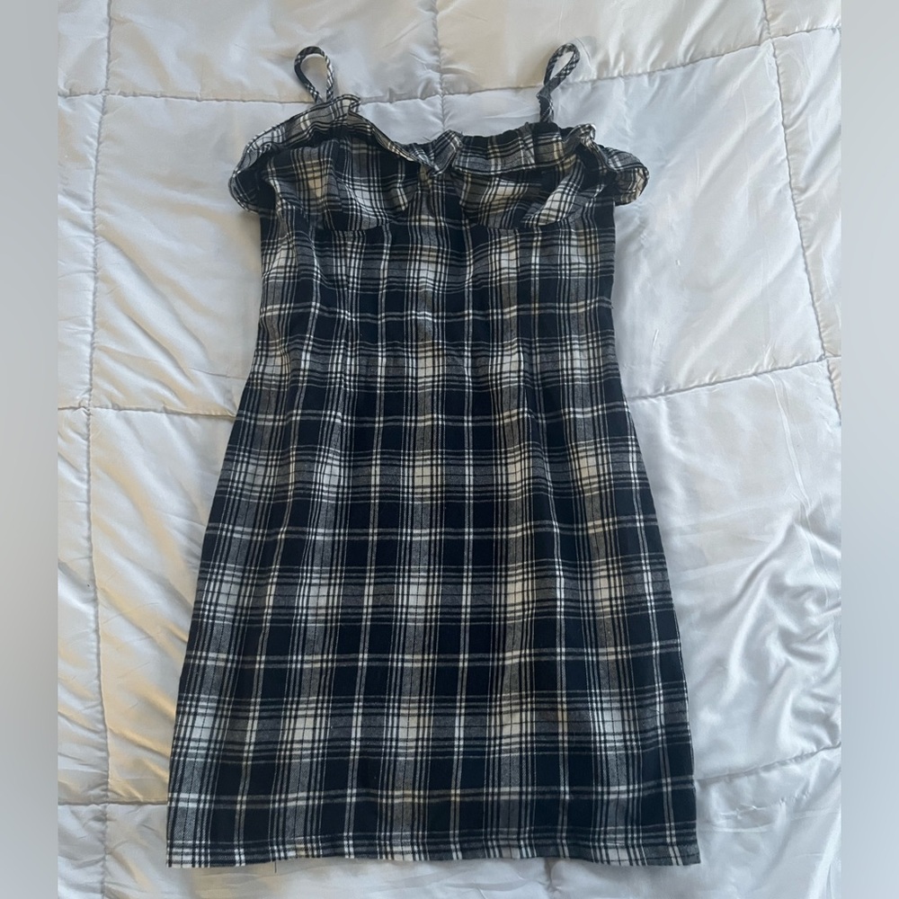shein plaid fitted white and navy bodycon mini dress